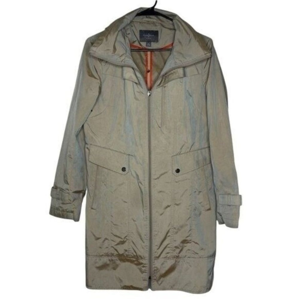 Cole Haan Signature Iridescent Champagne Gold Zip Trench Coat Packable Hood S